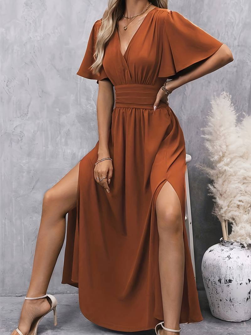 LALITA | FLUTTER SLEEVE SIDE SLIT MAXI DRESS - Rust
