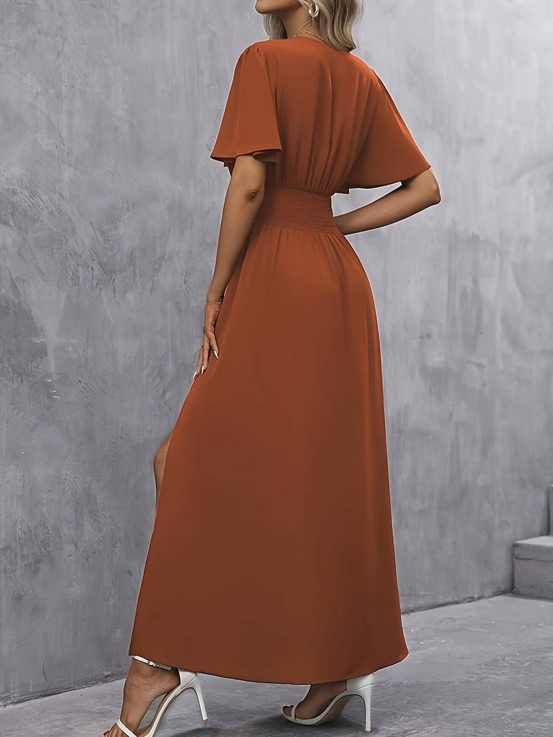 LALITA | FLUTTER SLEEVE SIDE SLIT MAXI DRESS - Rust