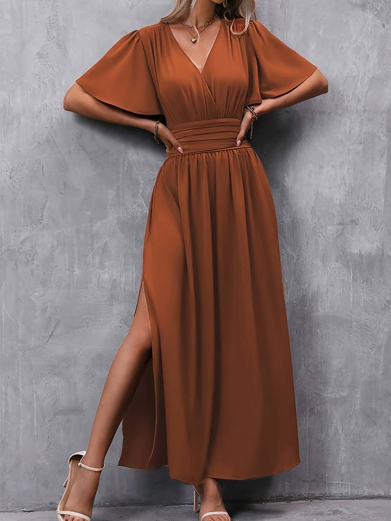 LALITA | FLUTTER SLEEVE SIDE SLIT MAXI DRESS - Rust