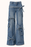 LANDRY | BOW DETAIL WIDE LEG CARGO JEANS - Medium Blue