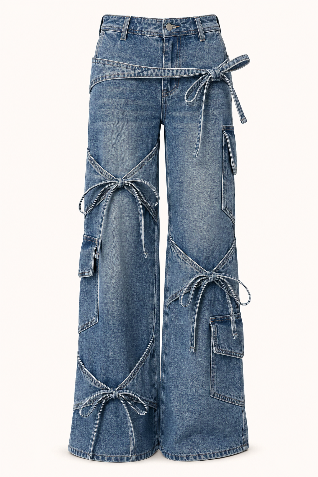 LANDRY | BOW DETAIL WIDE LEG CARGO JEANS - Medium Blue