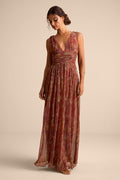 LANNA | PLUNGE V-NECK PLEATED MAXI DRESS - Rust Print