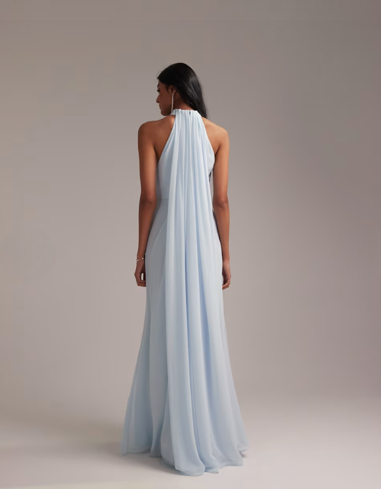 Back view of light blue halter maxi dress with graceful flowing pleats