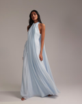 Light blue chiffon halter maxi dress with pleated bodice and flowing skirt