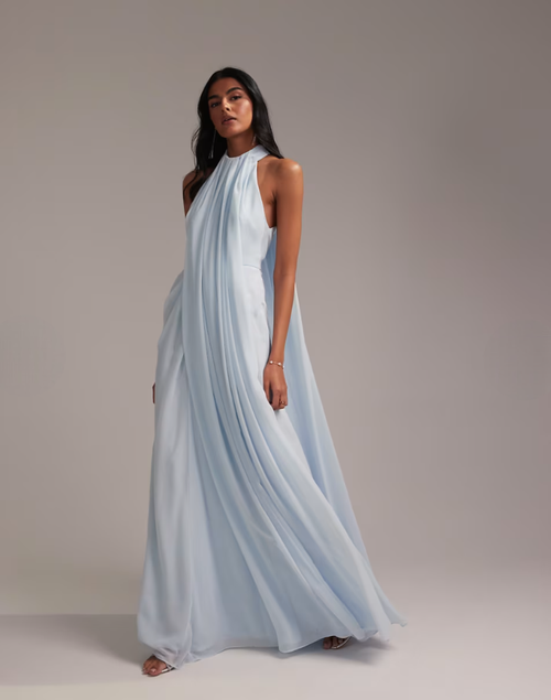 Light blue chiffon halter maxi dress with pleated bodice and flowing skirt