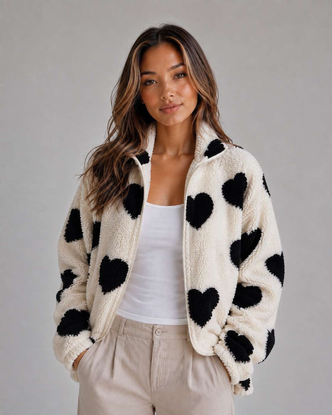 LEANDRA | HEART PRINT TEDDY FLEECE ZIP JACKET - Black