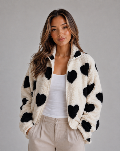 LEANDRA | HEART PRINT TEDDY FLEECE ZIP JACKET - Black