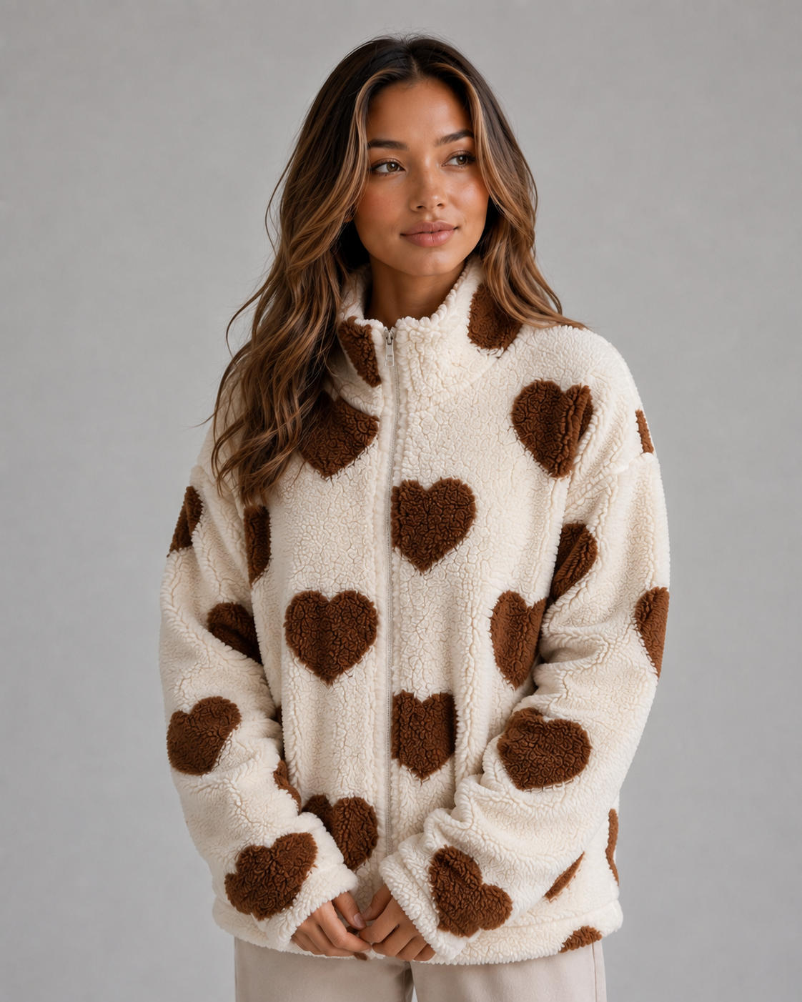 LEANDRA | HEART PRINT TEDDY FLEECE ZIP JACKET - Brown