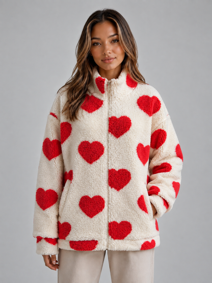 LEANDRA | HEART PRINT TEDDY FLEECE ZIP JACKET - Red