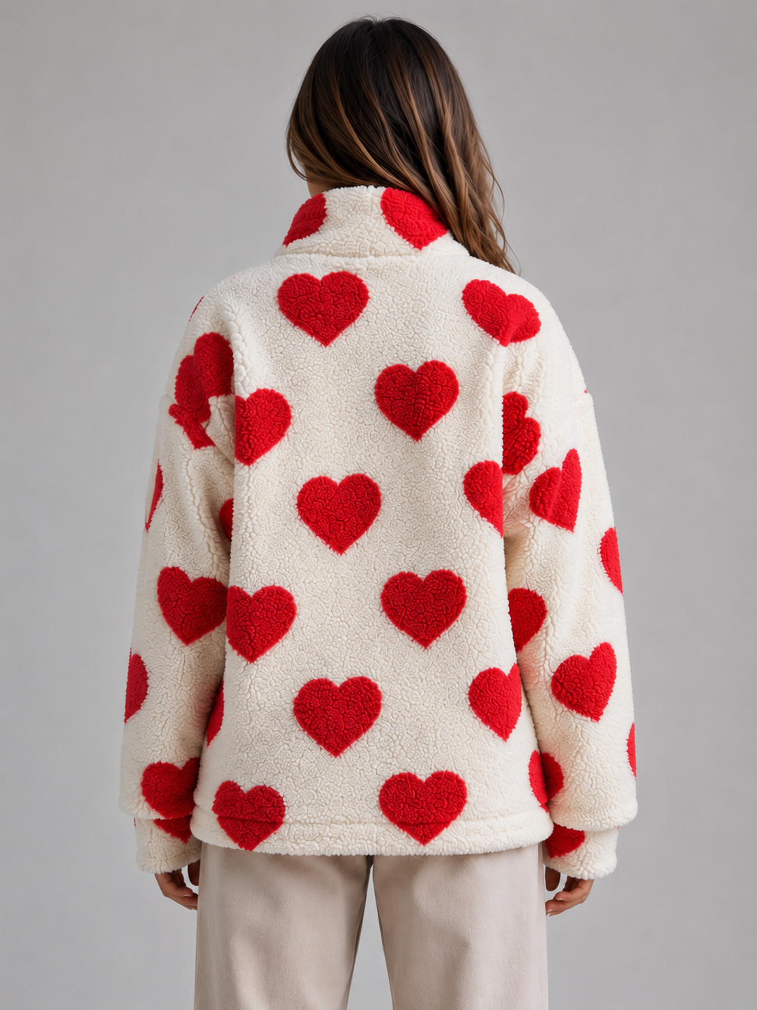 LEANDRA | HEART PRINT TEDDY FLEECE ZIP JACKET - Red