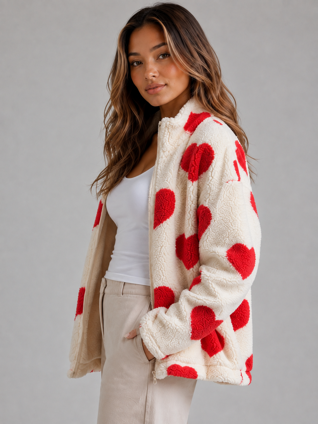 LEANDRA | HEART PRINT TEDDY FLEECE ZIP JACKET - Red