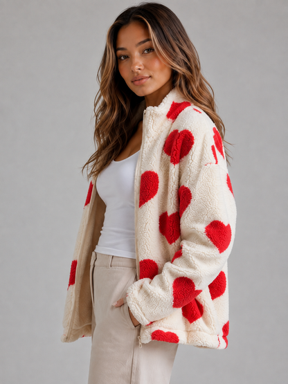 LEANDRA | HEART PRINT TEDDY FLEECE ZIP JACKET - Red