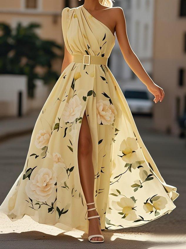 LEDA | ONE SHOULDER FLORAL MAXI DRESS - Butter Yellow Floral