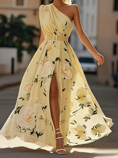 LEDA | ONE SHOULDER FLORAL MAXI DRESS - Butter Yellow Floral