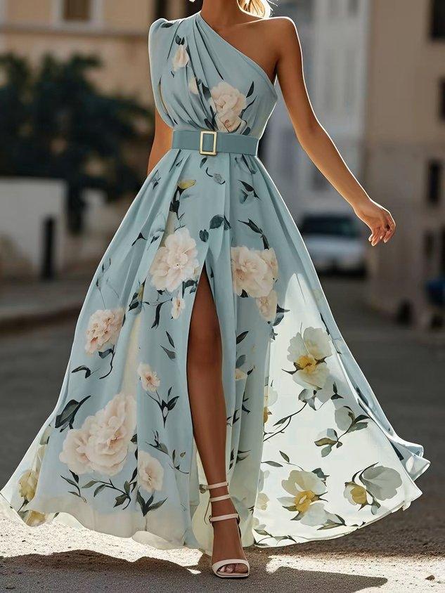 LEDA | ONE SHOULDER FLORAL MAXI DRESS - Dusty Blue Floral