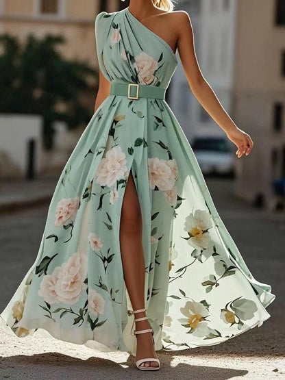 LEDA | ONE SHOULDER FLORAL MAXI DRESS - Mint Floral
