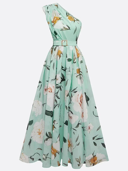 LEDA | ONE SHOULDER FLORAL MAXI DRESS - Mint Floral