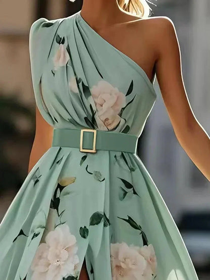 LEDA | ONE SHOULDER FLORAL MAXI DRESS - Mint Floral