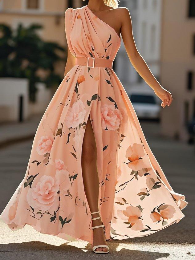 LEDA | ONE SHOULDER FLORAL MAXI DRESS - Peach Floral