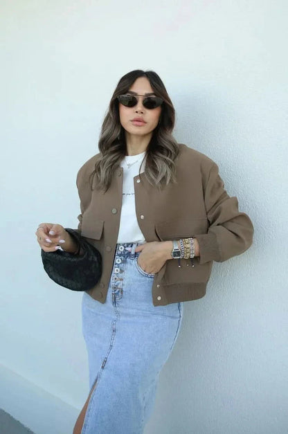 Taupe brown bomber jacket with button front and elastic cuffs