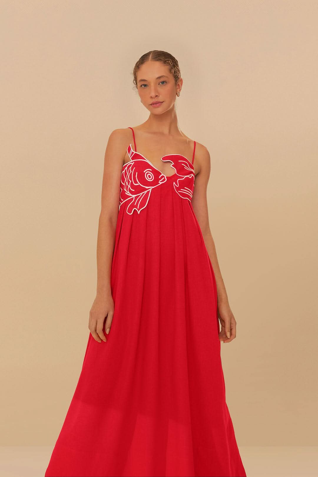 Red sleeveless maxi dress with white koi fish graphic print