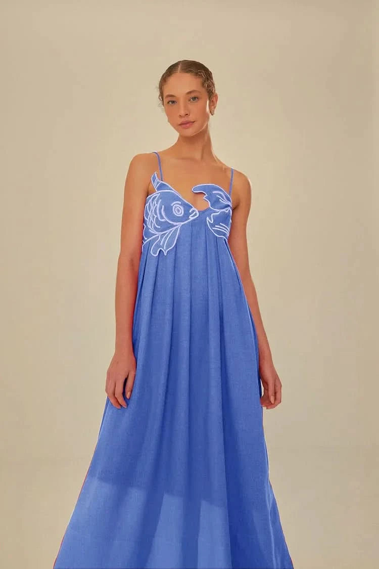 Blue linen maxi dress with white fish graphic and thin straps