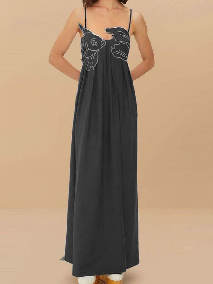 Dark charcoal maxi dress with white fish embroidery on bodice