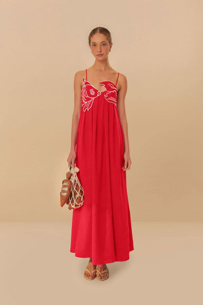 Red maxi dress with white fish embroidery on chest and thin straps
