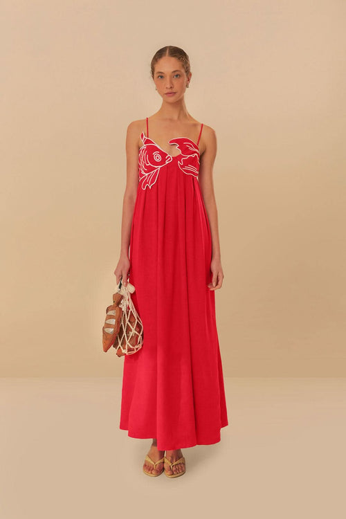 Red maxi dress with white fish embroidery on chest and thin straps