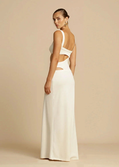 White maxi dress with cutout back and side openings, rear view
