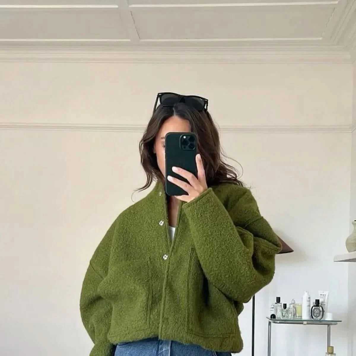Charcoal gray oversized bomber jacket with relaxed fit and textured knit