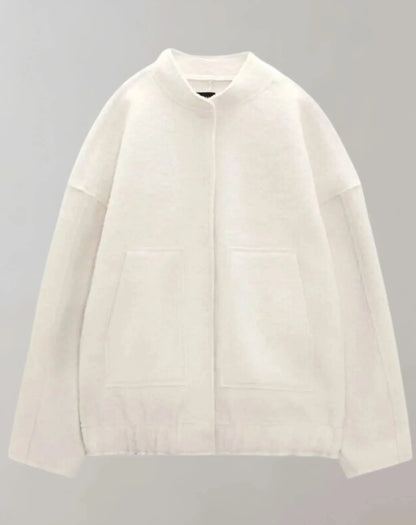 Cream white oversized bomber jacket flat lay showing full front view and button placket