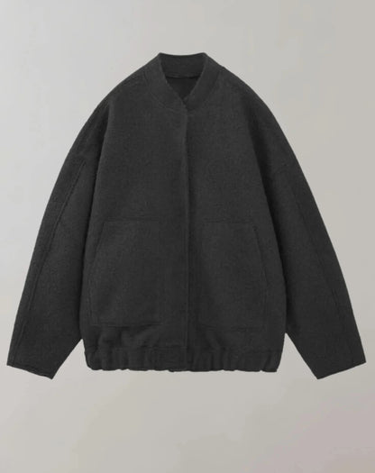 Charcoal oversized bomber jacket with ribbed hem and front pockets