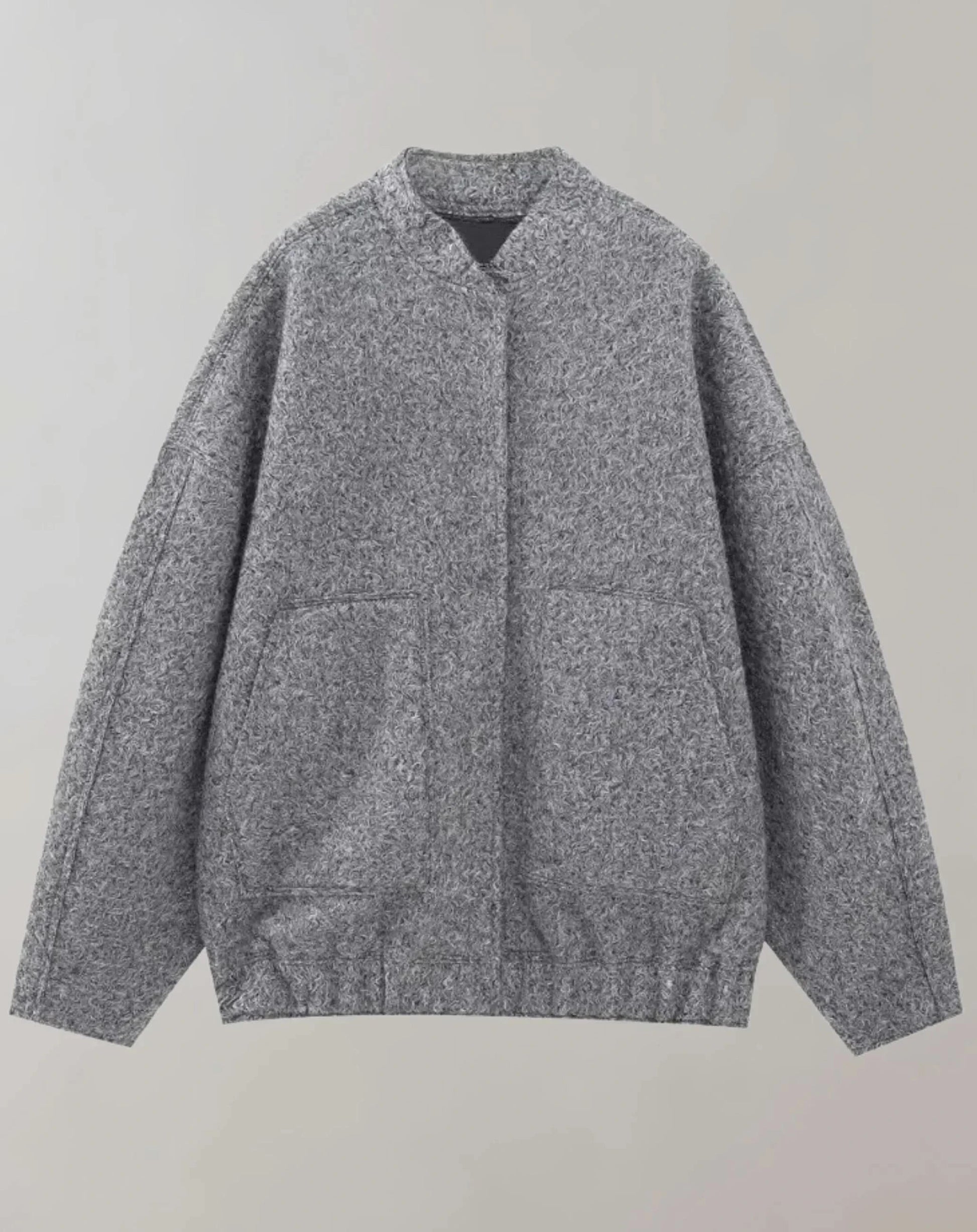 Charcoal oversized bomber jacket with ribbed hem and front pockets