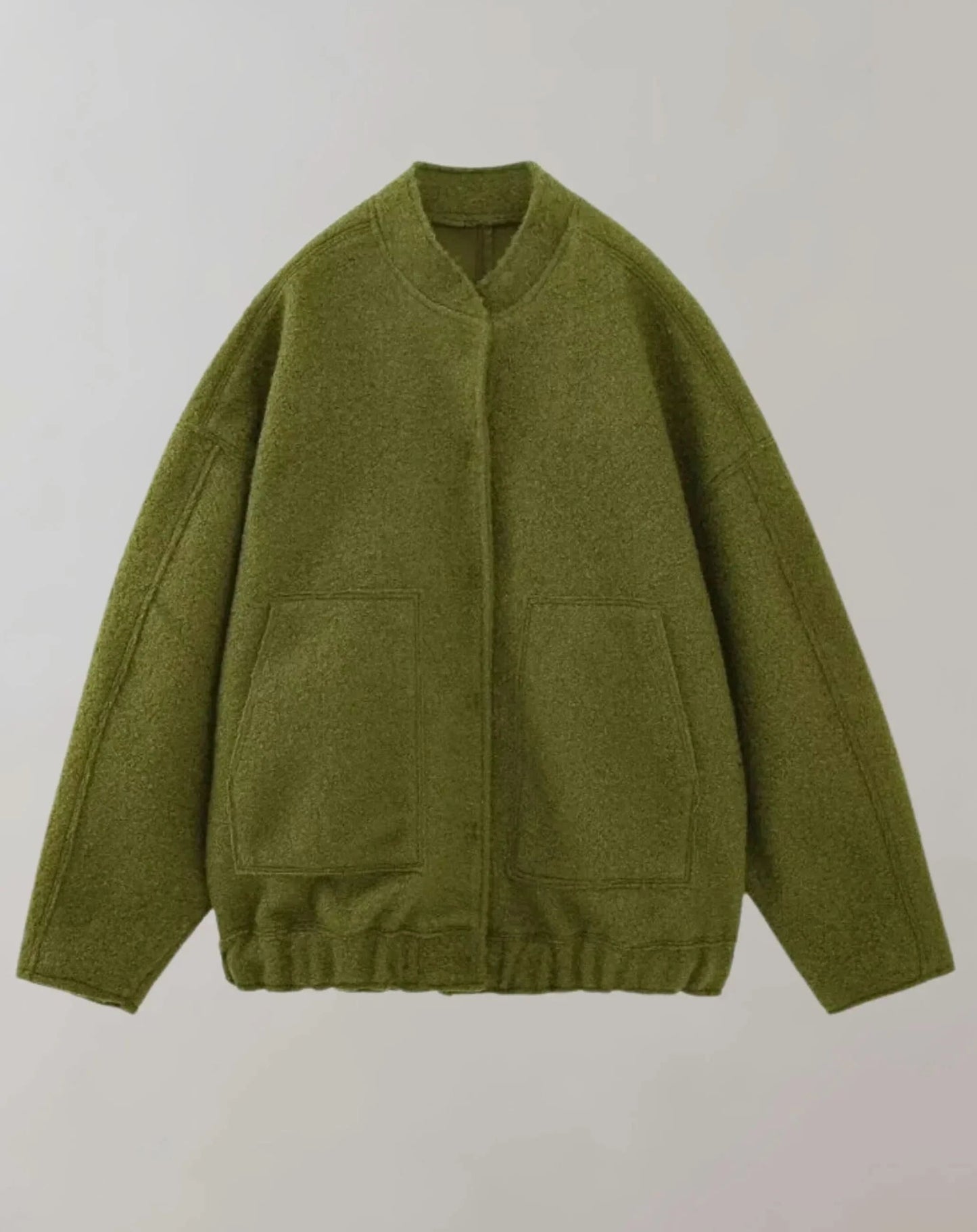 Olive green oversized bomber jacket with elastic cuff and relaxed fit