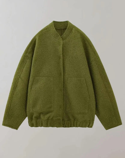 Olive green oversized bomber jacket with elastic cuff and relaxed fit