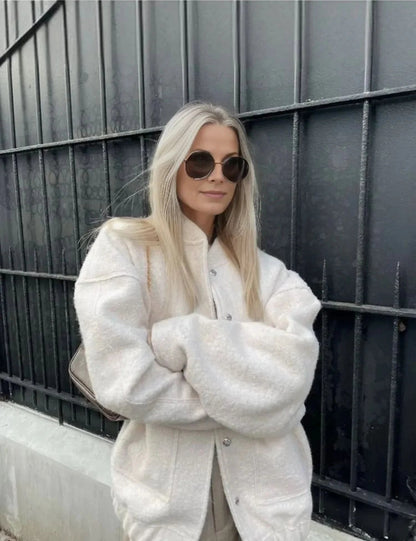 Ivory oversized bomber jacket with textured weave and snap buttons