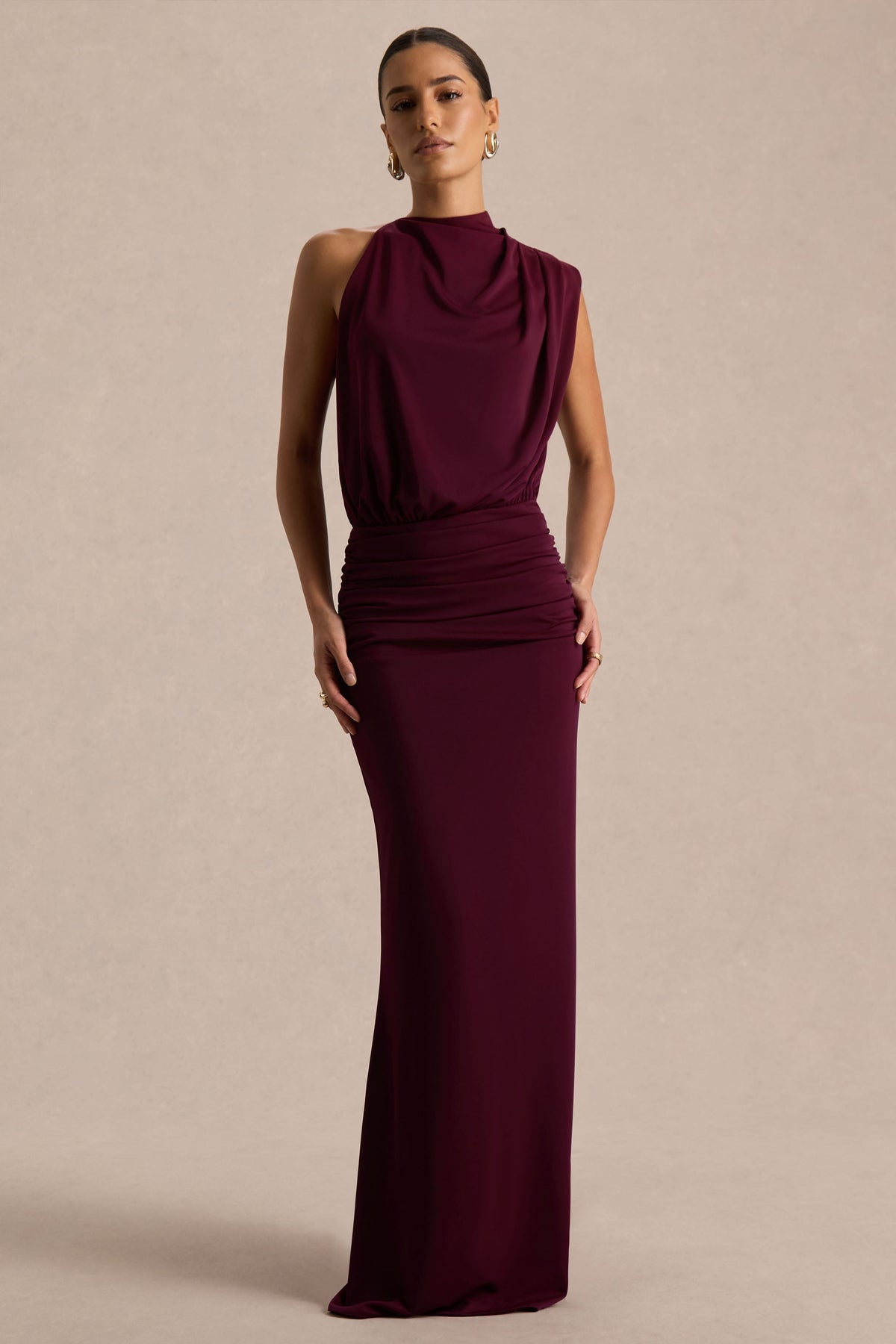 LENORA | DRAPED HIGH NECK MAXI DRESS - Burgundy