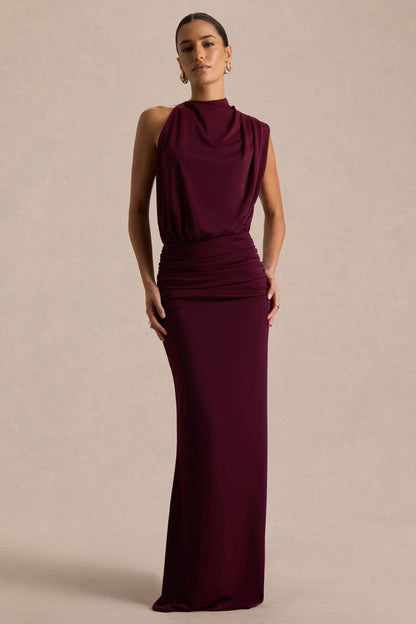 LENORA | DRAPED HIGH NECK MAXI DRESS - Burgundy
