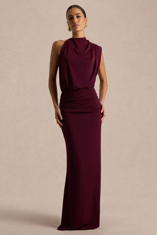 LENORA | DRAPED HIGH NECK MAXI DRESS - Burgundy