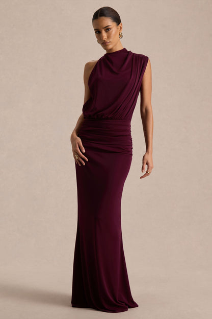 LENORA | DRAPED HIGH NECK MAXI DRESS - Burgundy