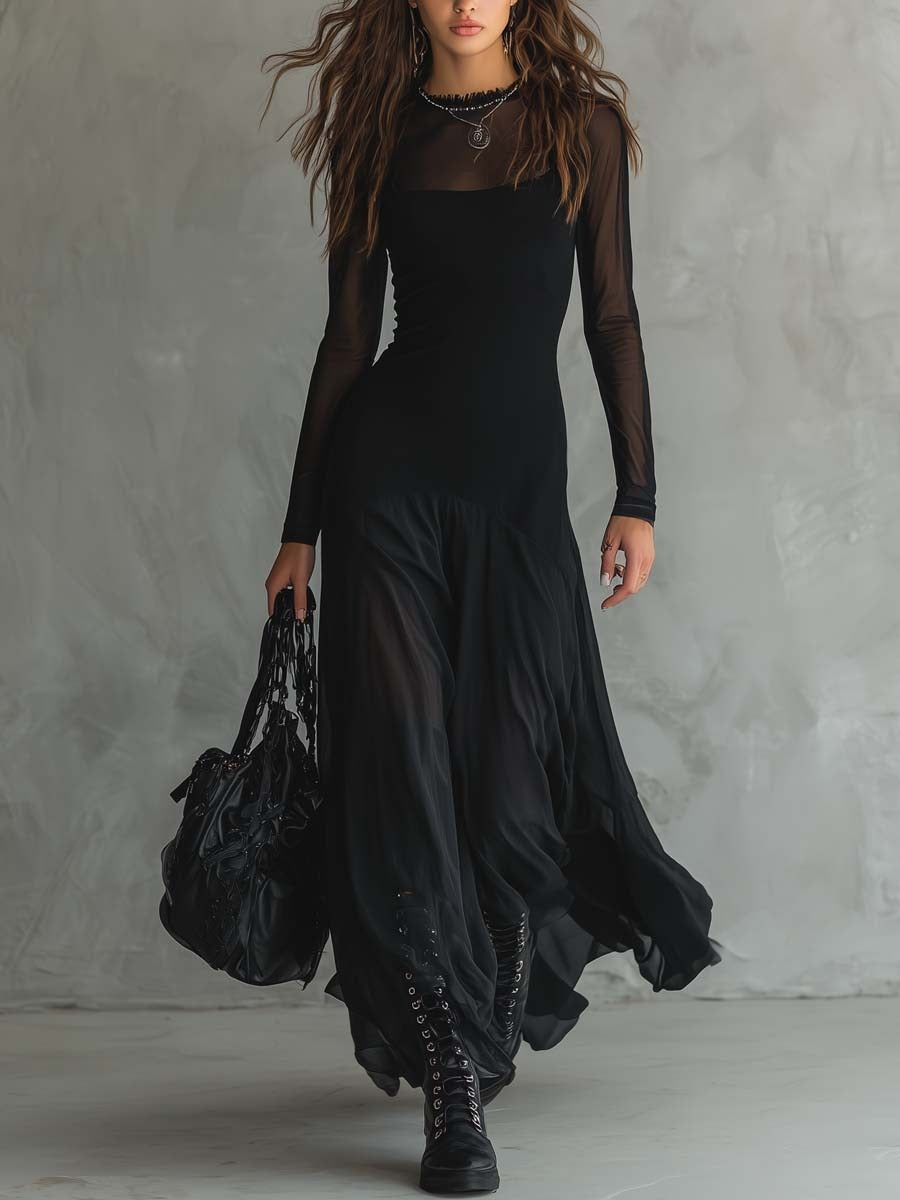 LENORE | SHEER SLEEVE TULLE MAXI DRESS - Black