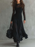 LENORE | SHEER SLEEVE TULLE MAXI DRESS - Black