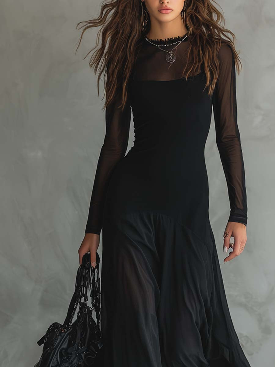 LENORE | SHEER SLEEVE TULLE MAXI DRESS - Black
