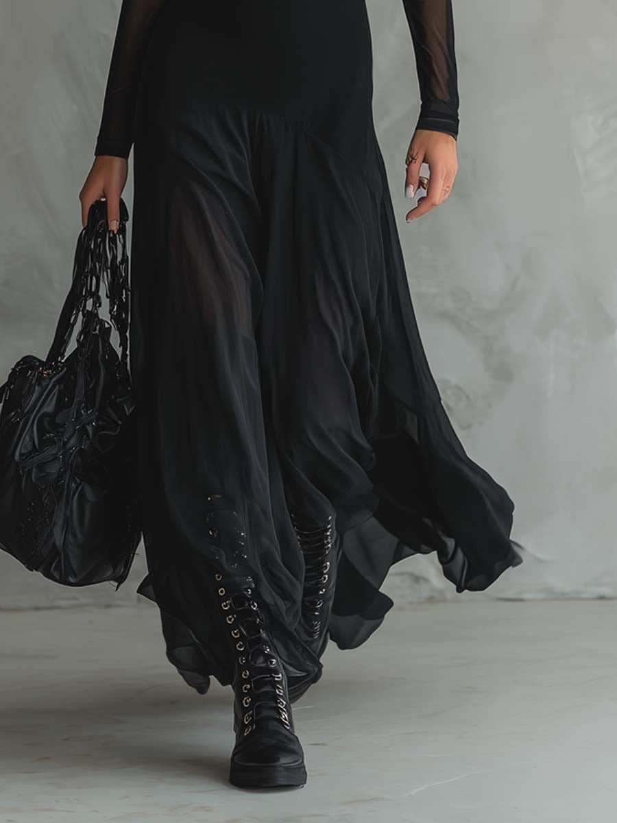 LENORE | SHEER SLEEVE TULLE MAXI DRESS - Black