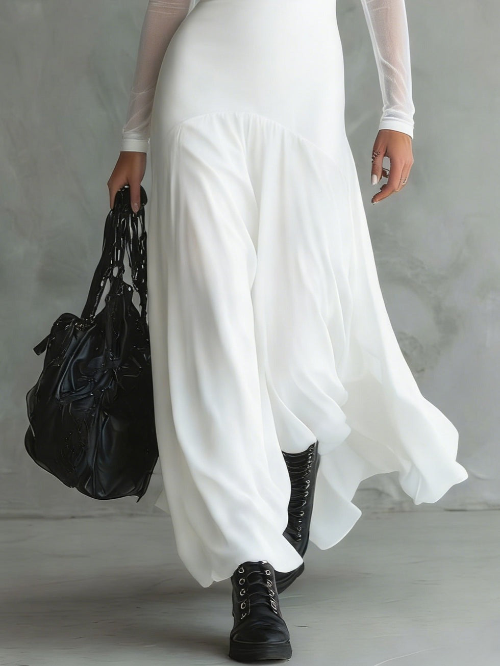 LENORE | SHEER SLEEVE TULLE MAXI DRESS - White