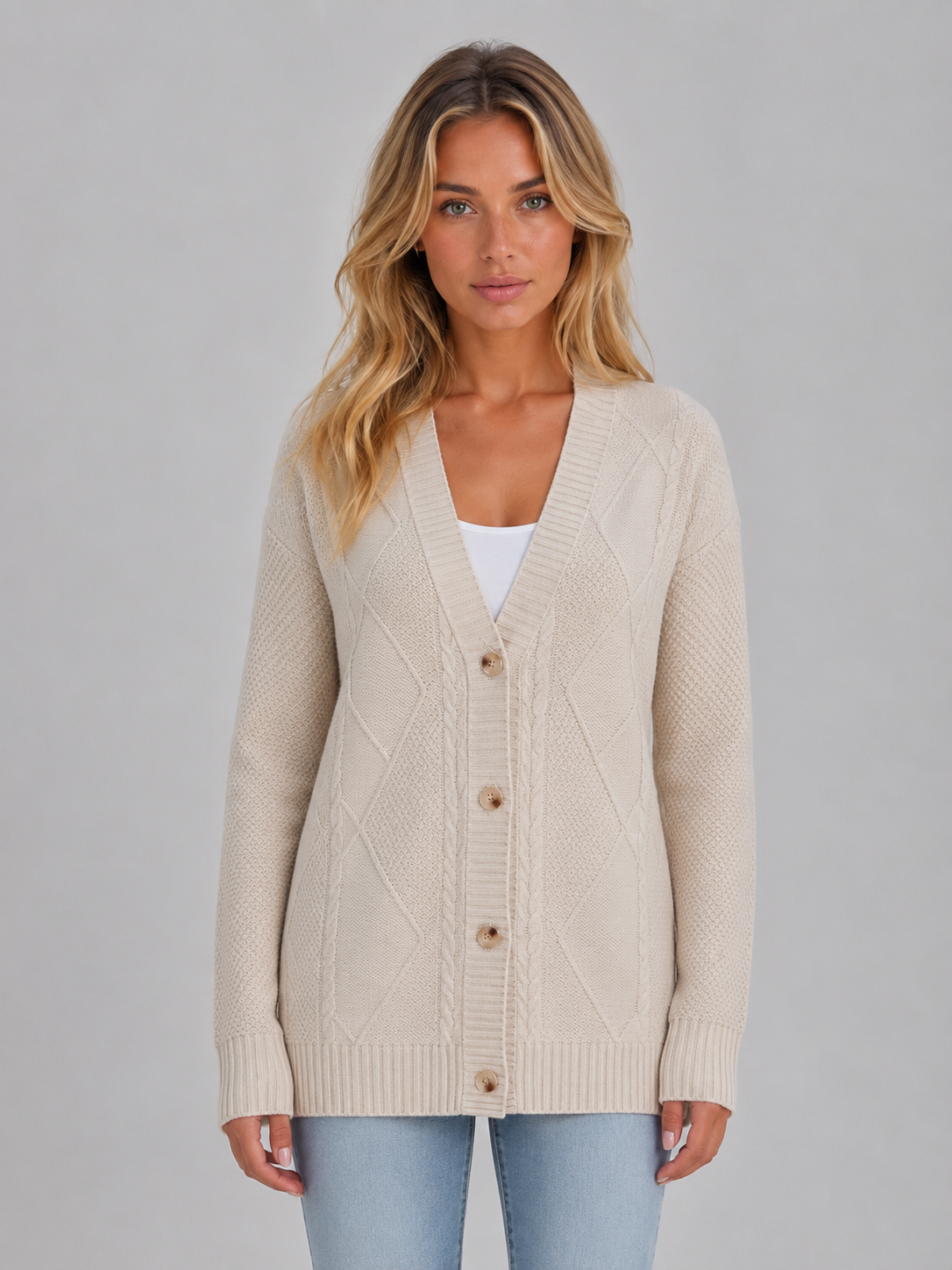 LEORA | CABLE KNIT V-NECK CARDIGAN - Beige