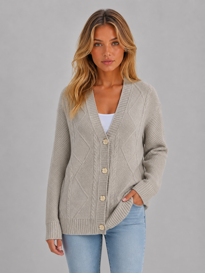LEORA | CABLE KNIT V-NECK CARDIGAN - Gray