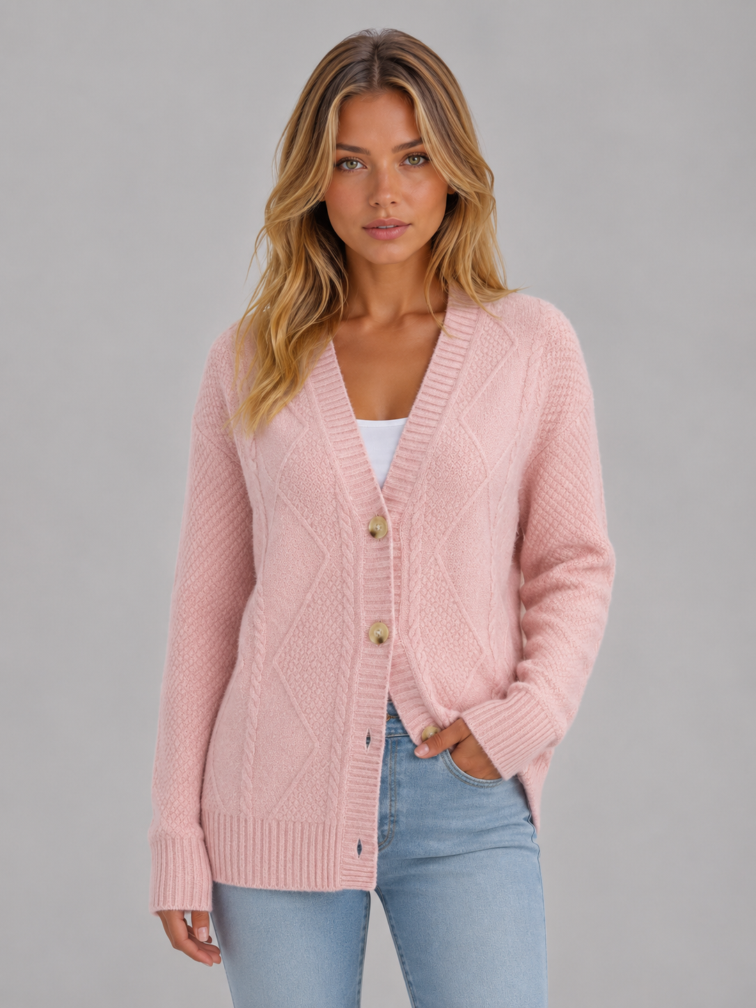 LEORA | CABLE KNIT V-NECK CARDIGAN - Pink