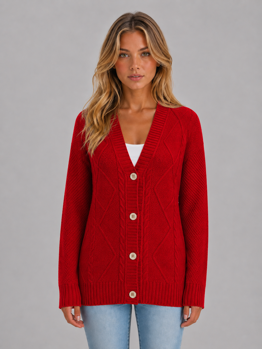LEORA | CABLE KNIT V-NECK CARDIGAN - Red